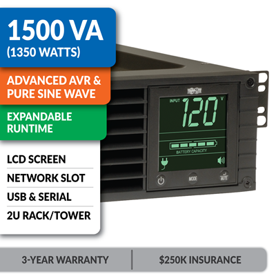 SMART1500RMXL2UA SmartPro® Line-Interactive Rack/Tower Sine Wave UPS with Expandable Runtime, Network Slot and LCD