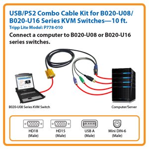 10-ft. USB/PS2 Combo Cable for Tripp Lite’s B020-U08/U16 Series KVM Switches