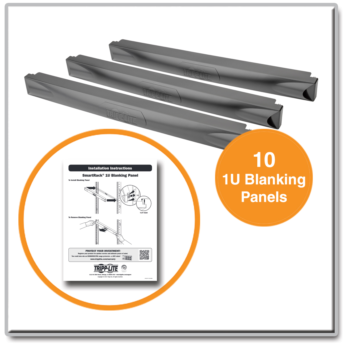 1U blanking panel kit Includes 10 panels Toolless snap-in mounting