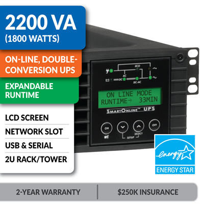 SU2200RTXLCD2U SmartOnline® 2200VA Double-Conversion Rack/Tower Sine Wave UPS with Expandable Runtime, Network Slot and LCD