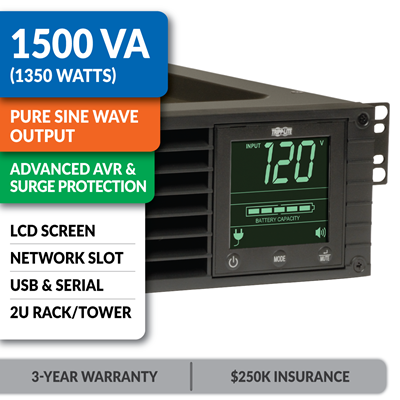 SMART1500RM2U SmartPro® Line-Interactive Rack/Tower Sine Wave UPS with Network Slot and LCD
