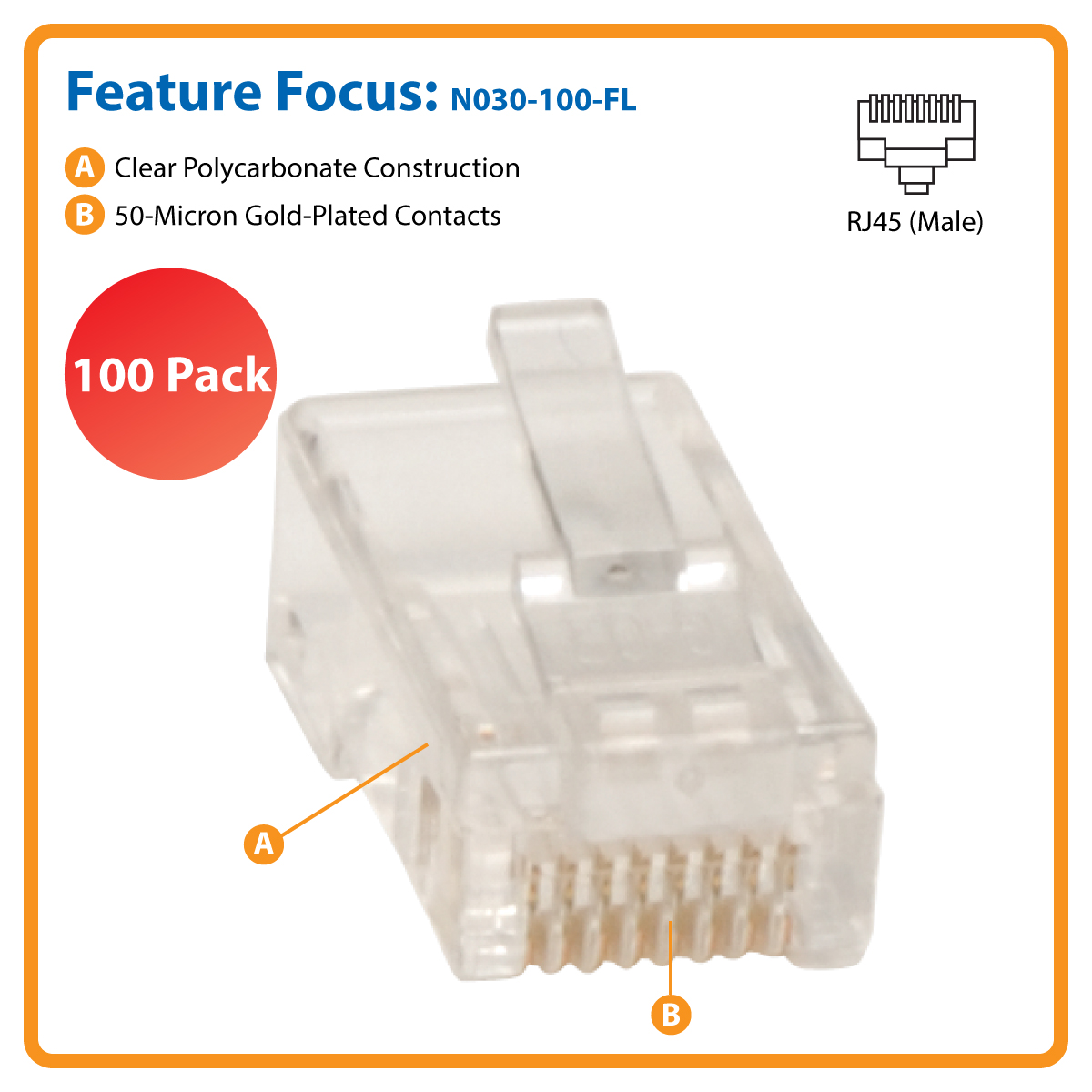 Tripp Lite RJ45 for Flat Solid / Standard Conductor 4Pair Cat5e Cat5 Cable 100 Pack network