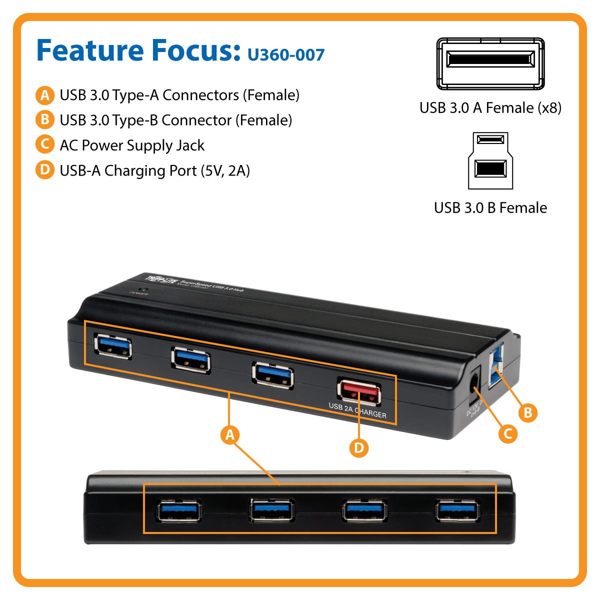 Tripp Lite 7-Port USB-A 3.0 SuperSpeed Hub with 2A USB Charging Port f 