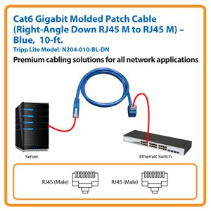 10-ft. Cat6 Gigabit Molded Patch Cable, Right-Angle Down RJ45 M to RJ45 M (Blue)