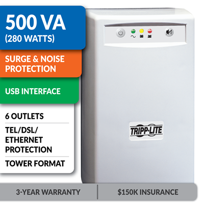 INTERNETOFFICE500 Standby Tower UPS with USB Interface, Tel/DSL/Ethernet  Protection