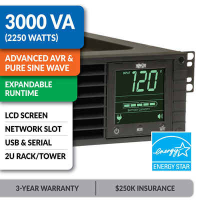 SMART3000RM2U SmartPro® Line-Interactive Rack/Tower Sine Wave UPS with Expandable Runtime, Network Slot and LCD