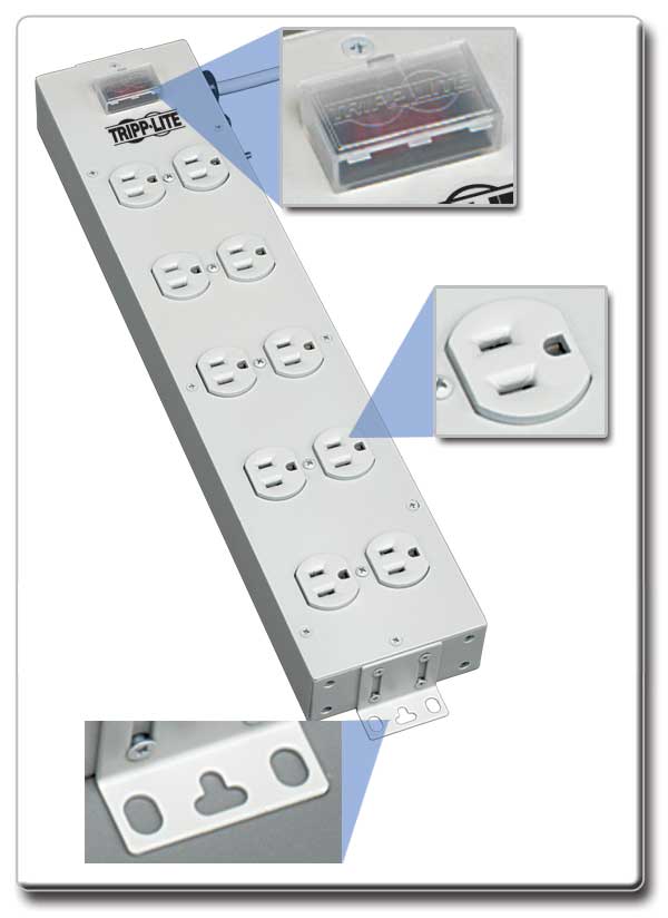 Power Strip 120V 5-15R 10 Outlet Metal 15ft Cord 5-15P