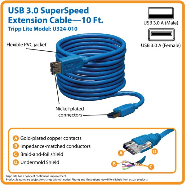 10Ft USB 3.0 A Male TO A Female Extension Cable Super Speed Blue Color CorHFB$ 