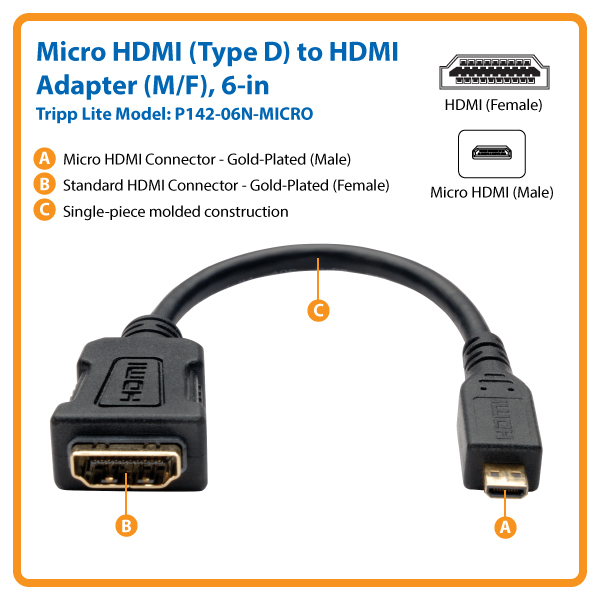 Tripp Lite 6in Micro HDMI to HDMI Adapter Converter HDMI Male Type D to ...