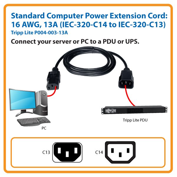 Iec-320-C14 to Iec-320-C13 P004-003-13A 16awg Computer Power Extension Cord 13a 3-Ft. 