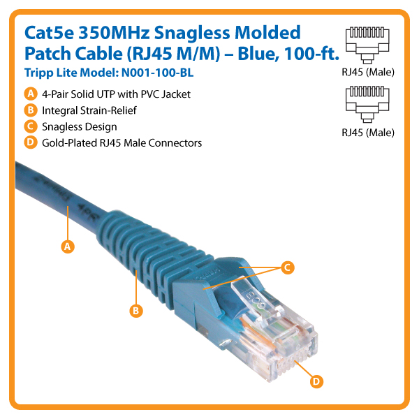 Tripp Lite 100ft Cat5e Cat5 Snagless Molded Patch Cable RJ45 M/M Blue