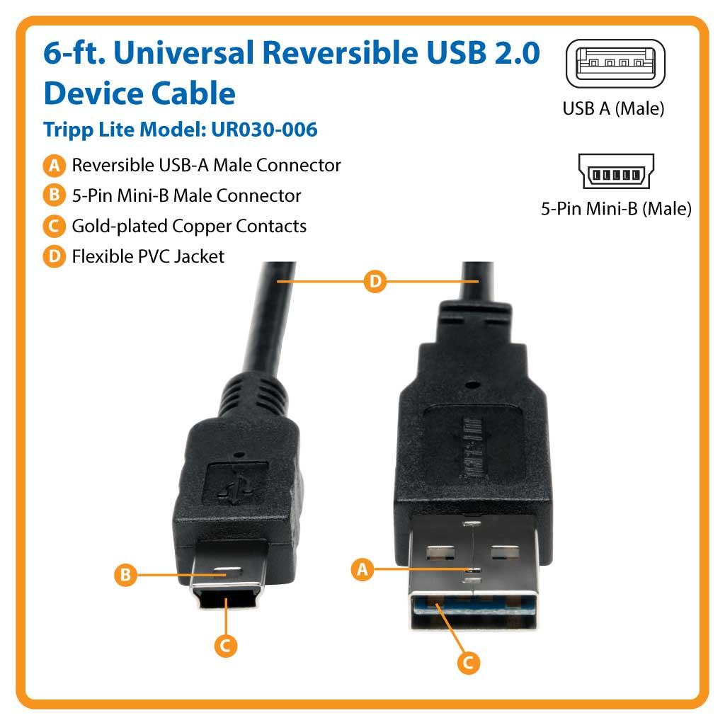 Tripp Lite 6ft USB 2.0 High Speed Cable Reversible A To 5Pin Mini B M/M ...