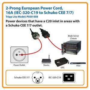 2.4 m (8 ft.) 2-Prong European Power Cord, 16A (IEC-320-C19 to Schuko CEE 7/7)