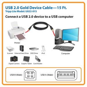 15 ft. USB 2.0 Gold Device Cable