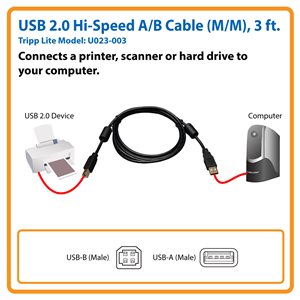 USB 2.0 Hi-Speed A/B Cable, Ferrite Chokes (M/M), 3 ft.