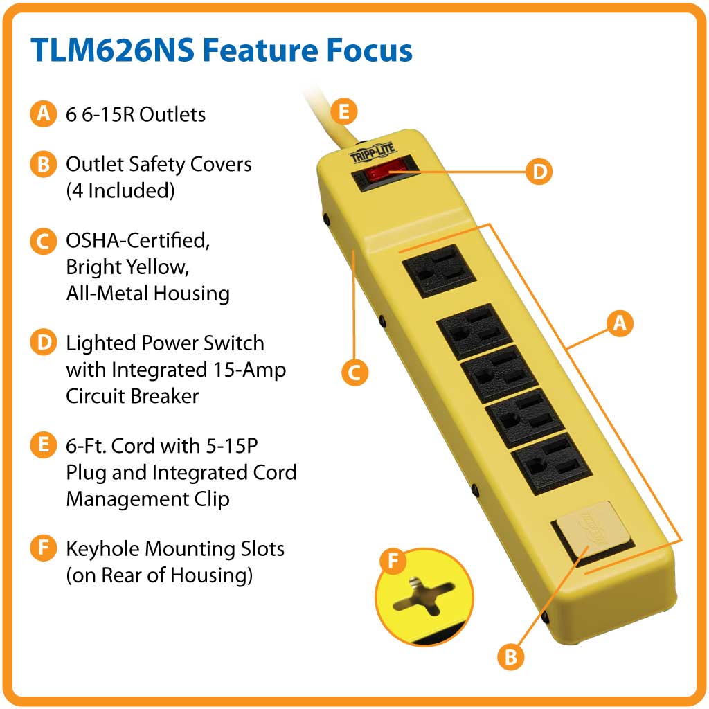 Tripp Lite Safety Power Strip 120V 515R 6 Outlet Metal 6' Cord OSHA