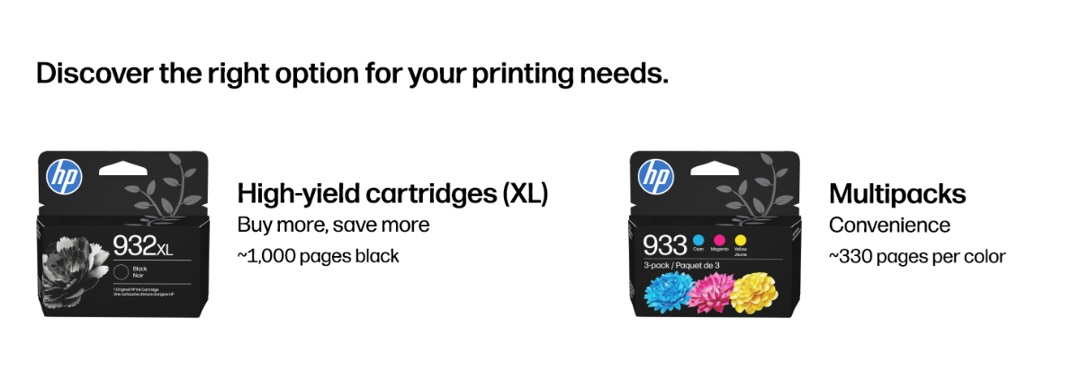 original hp 933 cmy standard ink cartridges; original hp 932 XL black standard ink cartridges