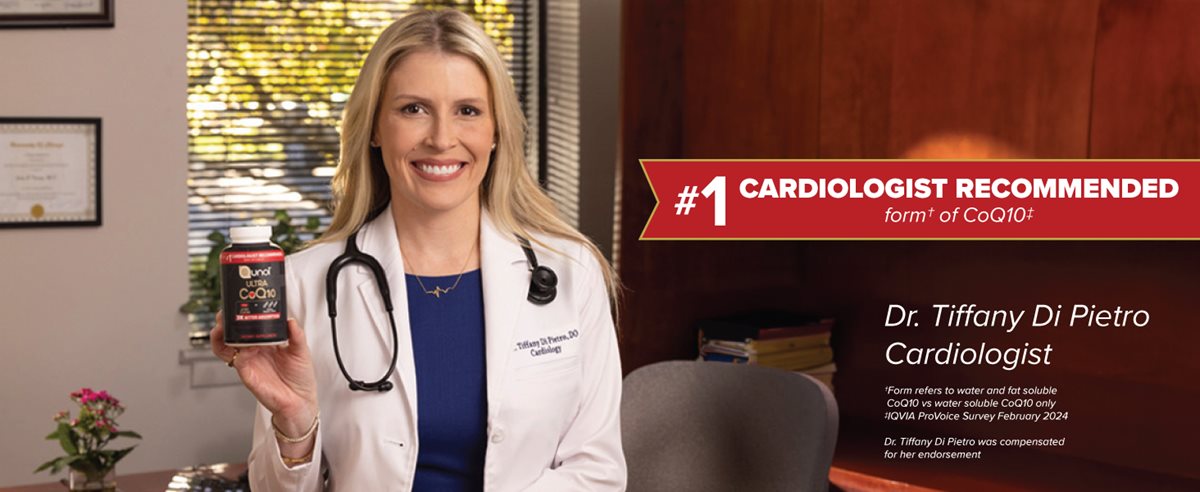 #1 Cardiologist Recommended form of CoQ10. Dr Tiffany Di Pietro Cardiologist. Form refers to water and fat soluble CoQ10 vs water soluble CoQ10 only. IQVIA ProVoice survey February 2024. Dr Tiffany Di Pietro was compensated for her endorsement.