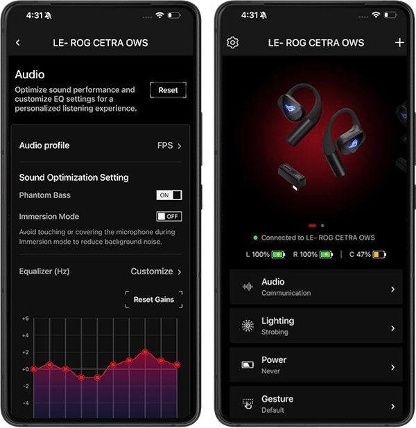 Zwei Smartphones mit Gear Link-App-Schnittstelle für ROG Cetra Open Wireless-Anpassung