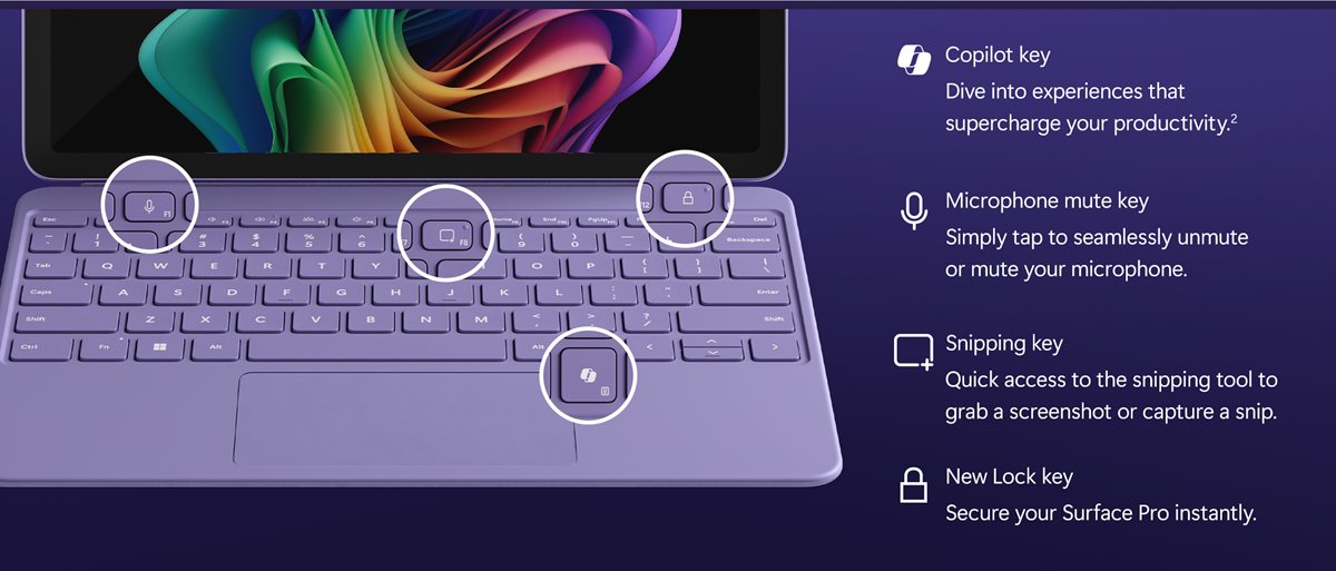 Copilot key. Dive into AI experiences by tapping the Copilot key or quickly secure Surface Pro with the new lock key.Microphone mute key. Simply tap to seamlessly unmute or mute your microphone.Snipping key. Quick access to the snipping tool to grab a screenshot or capture a snip.New Lock key. Secure your Surface Pro instantly.