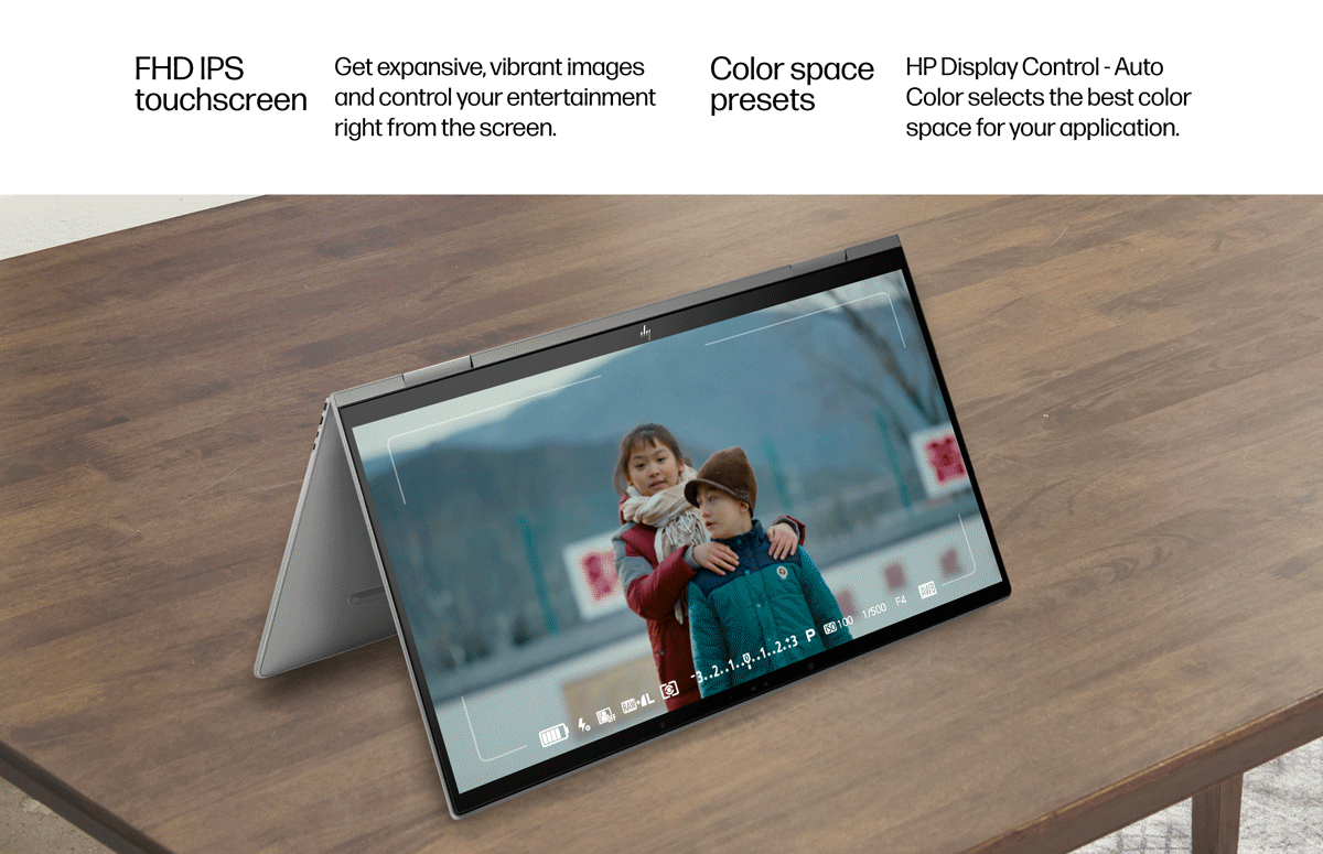 Silver ENVY x360 in tent mode shows video entertainment