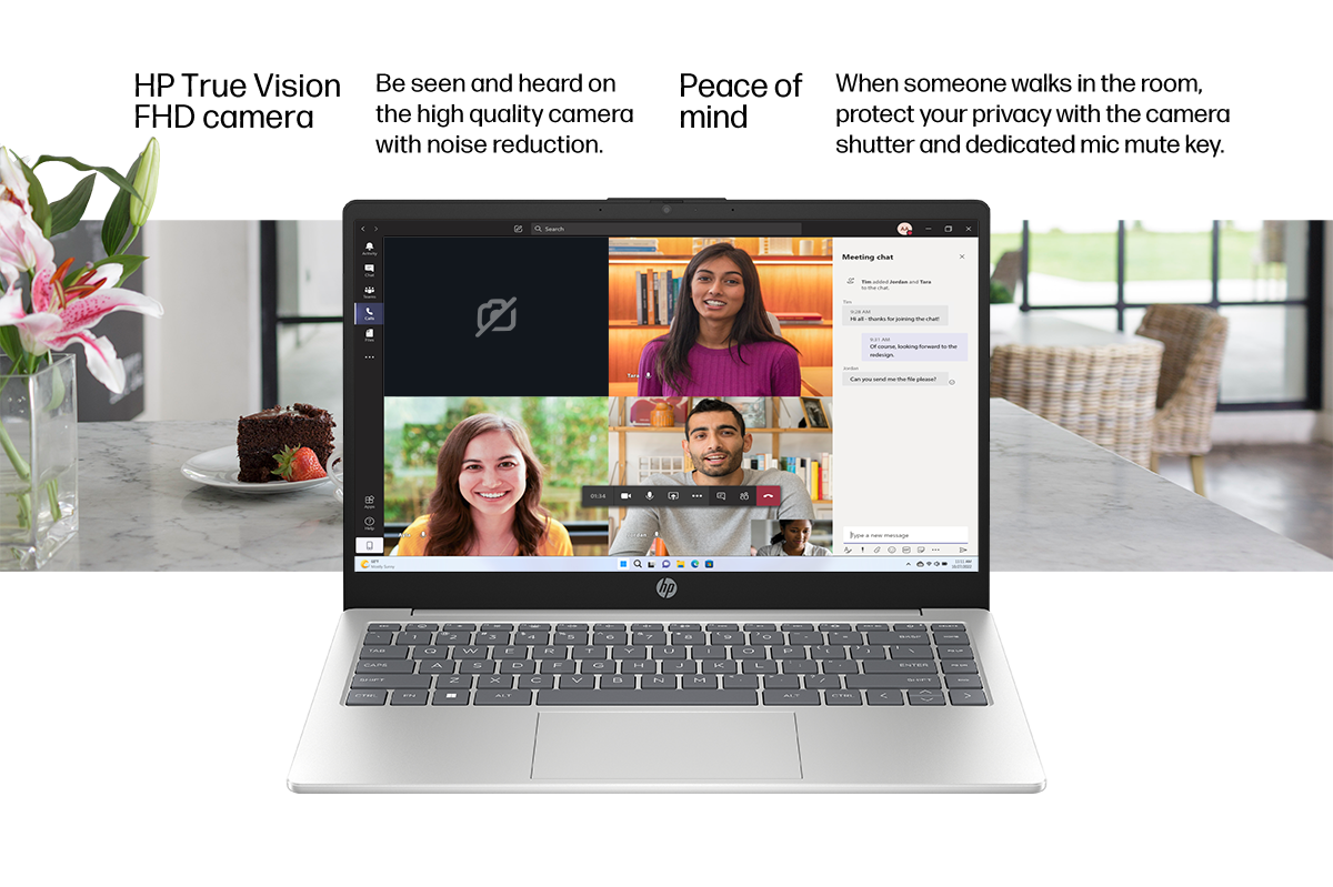 HP notebook shows a video call with camera turned off