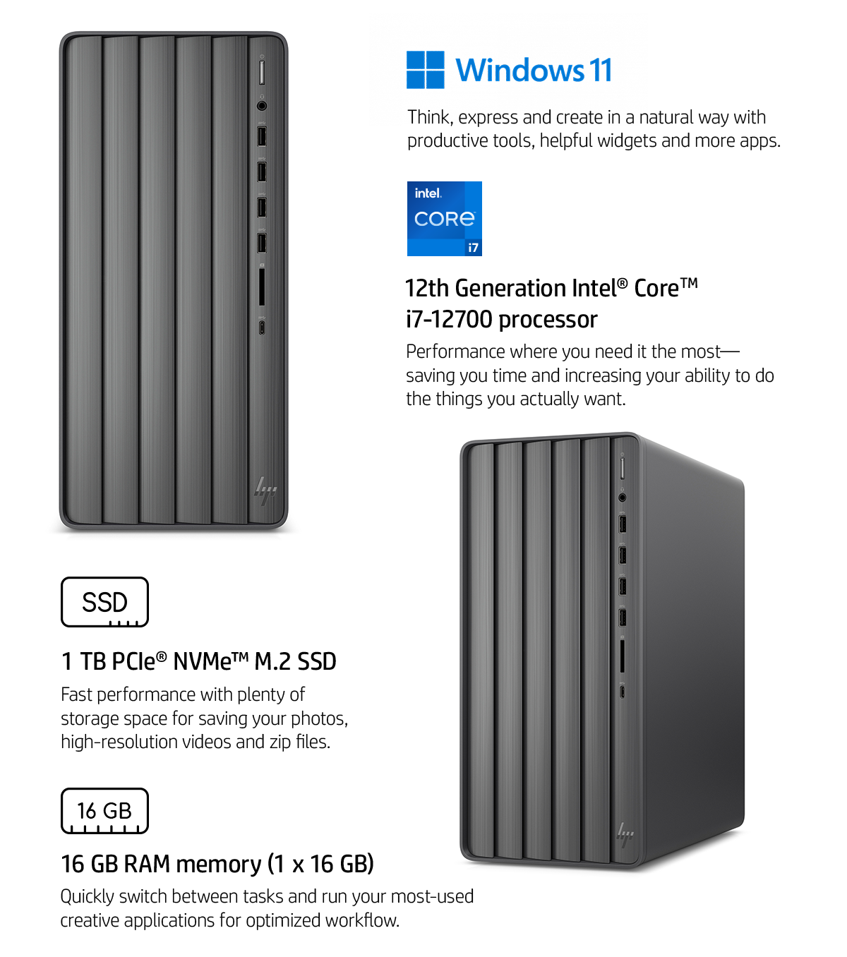 Left and front view of jet black HP ENVY Desktop.