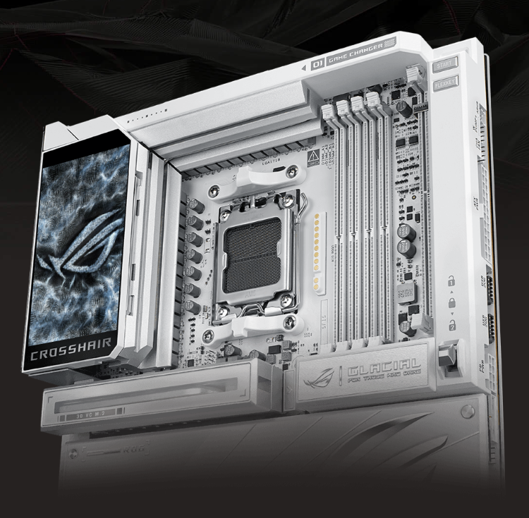 The ROG Crosshair X870E Glacial features a full-color 5-inch LCD screen