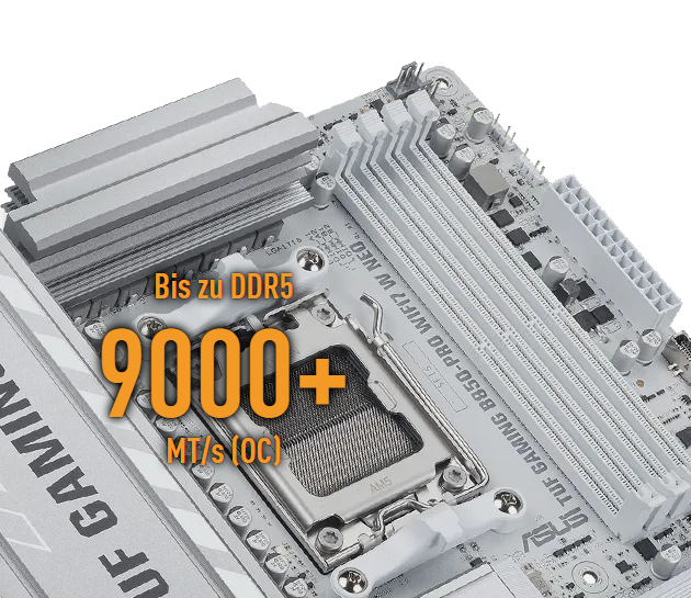 Die Nahaufnahme des TUF GAMING B850-PRO WIFI7 W NEO zeigt die DDR5-Speichersteckplätze mit einem Etikett, das die Unterstützung von DDR5-Modulen mit bis zu 9000+ MHz anzeigt.