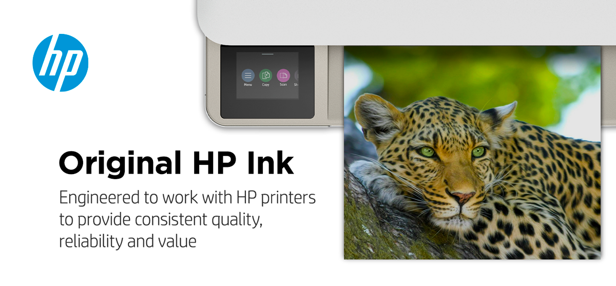 Promotional image for Original HP Ink. The left side features the HP logo, and the text reads 'Original HP Ink' followed by 'Engineered to work with HP printers to provide consistent quality, reliability, and value.' The right side shows a close-up of an HP printer printing a high-quality photo of a leopard resting on a tree branch.