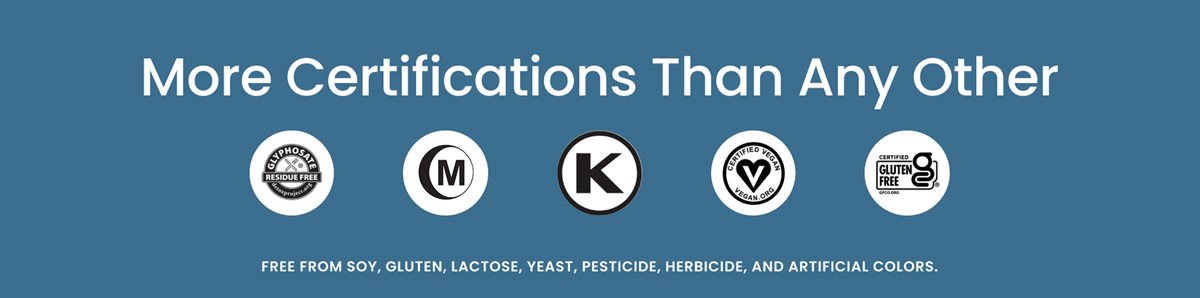 Nutrex Hawaii Hawaiian Spirulina Superfood 3000 mg, 360 Count has More Certifications Than Any Other Spirulina Brand. Free from soy, gluten, lactose, yeast, pesticide, herbicide, and artificial colors. Image displays certification seals