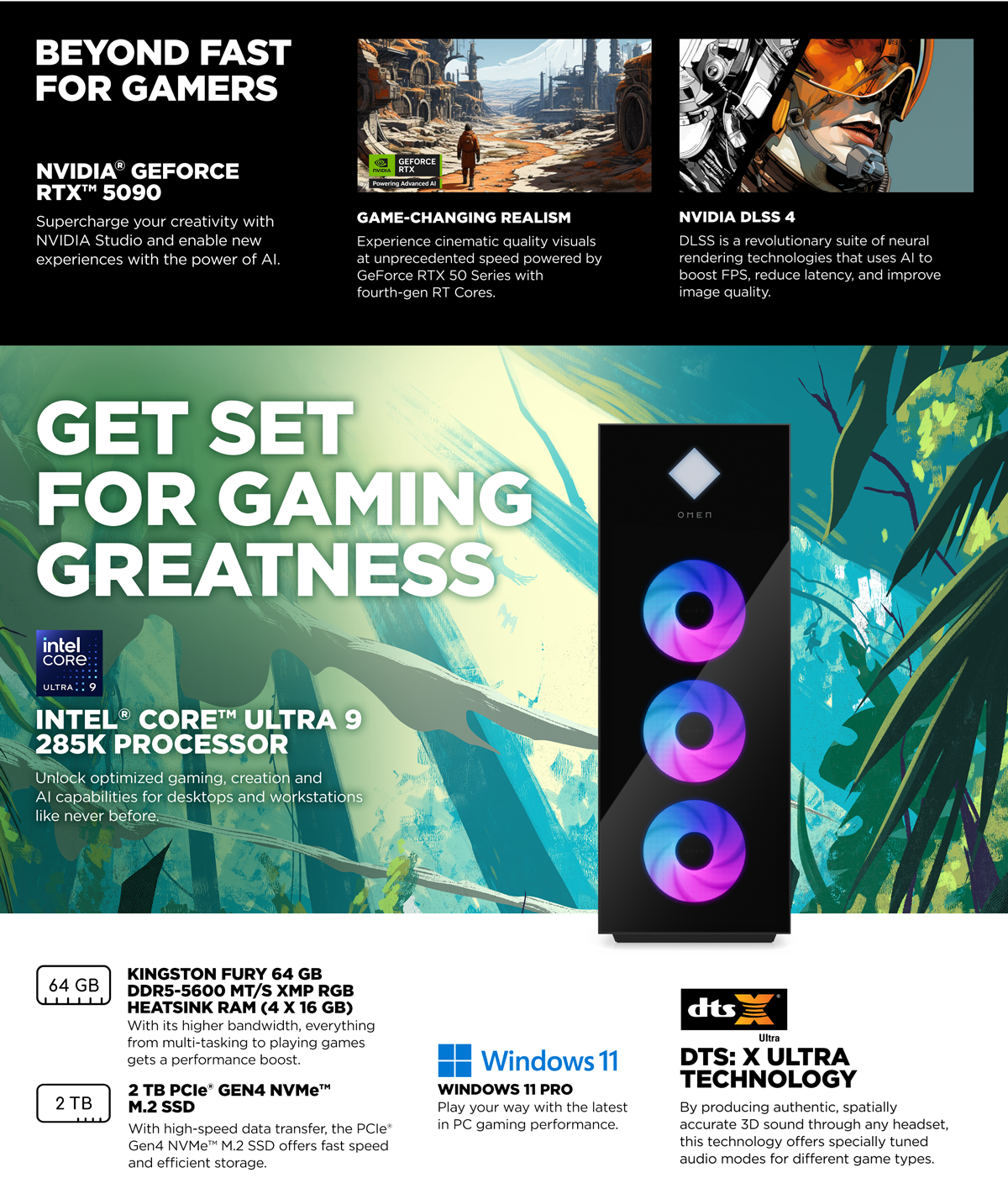 OMEN 45L Gaming Desktop PC showcasing features.