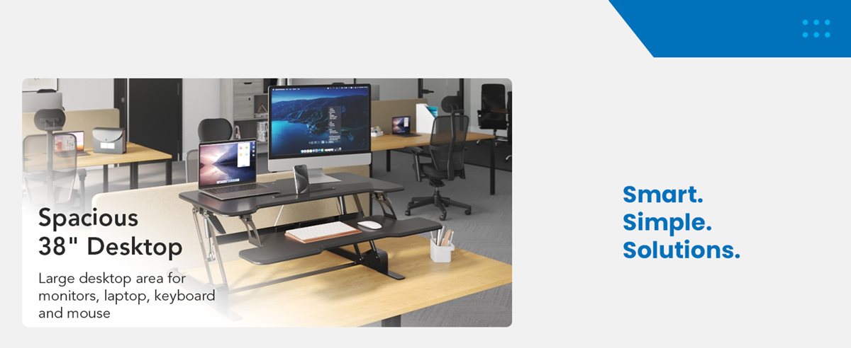 spacious sit-stand desk converter for multiple monitors and workspace