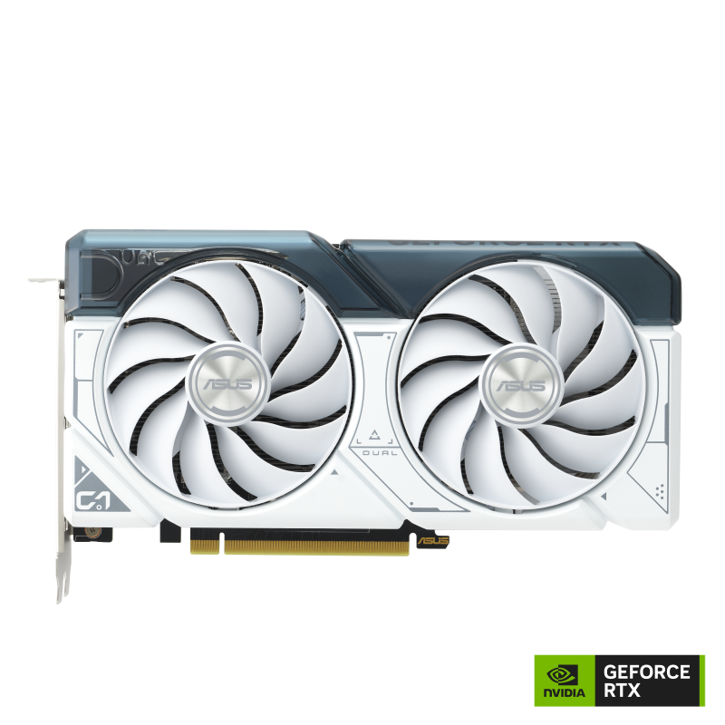 slide 1 of 16, show larger image, asus dual geforce rtx 4060 white edition front view of the with black nvidia logo