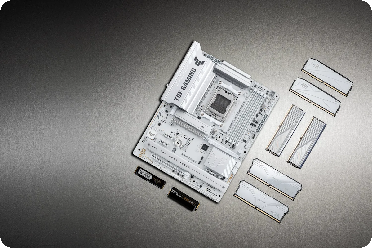 TUF GAMING B850-PRO WIFI7 W NEO Mainboard auf einer metallischen Oberfläche mit verschiedenen kompatiblen PC-Komponenten, einschließlich M.2 SSDs und Speichermodulen, die ordentlich darum herum angeordnet sind und die TUF Gaming Alliance für garantierte Kompatibilität repräsentieren.