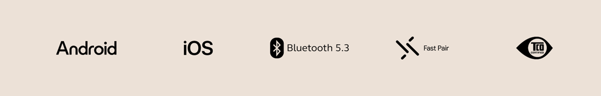 Row of icons showing compatibility with Android and iOS, Bluetooth 5.3, Fast Pair, and TCO Certified.