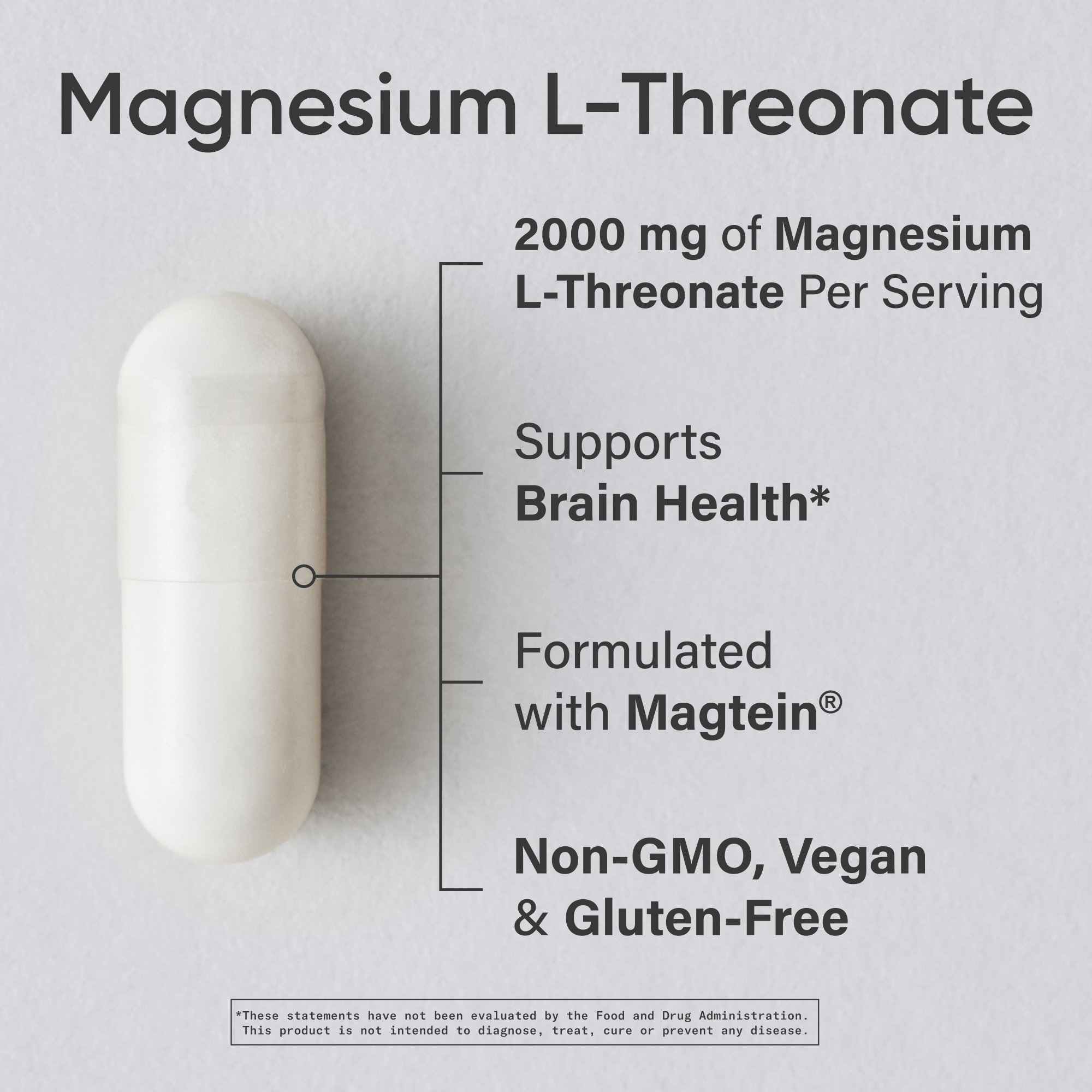 Magtein Magnesium L-Threonate – 2000mg – 135 Veggie Capsules – Gluten Free