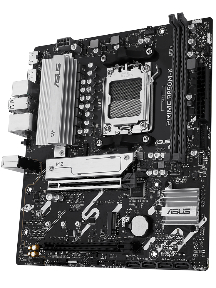 PRIME B850M-K Motherboard Vorderansicht, schwebend im Raum.