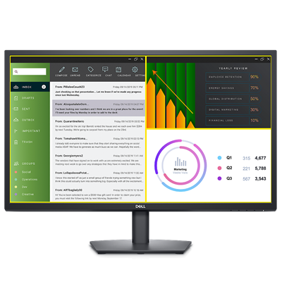 Bild eines Monitors Dell E2723H mit zwei Dashboards und einem E-Mail-Posteingang und auf dem Bildschirm