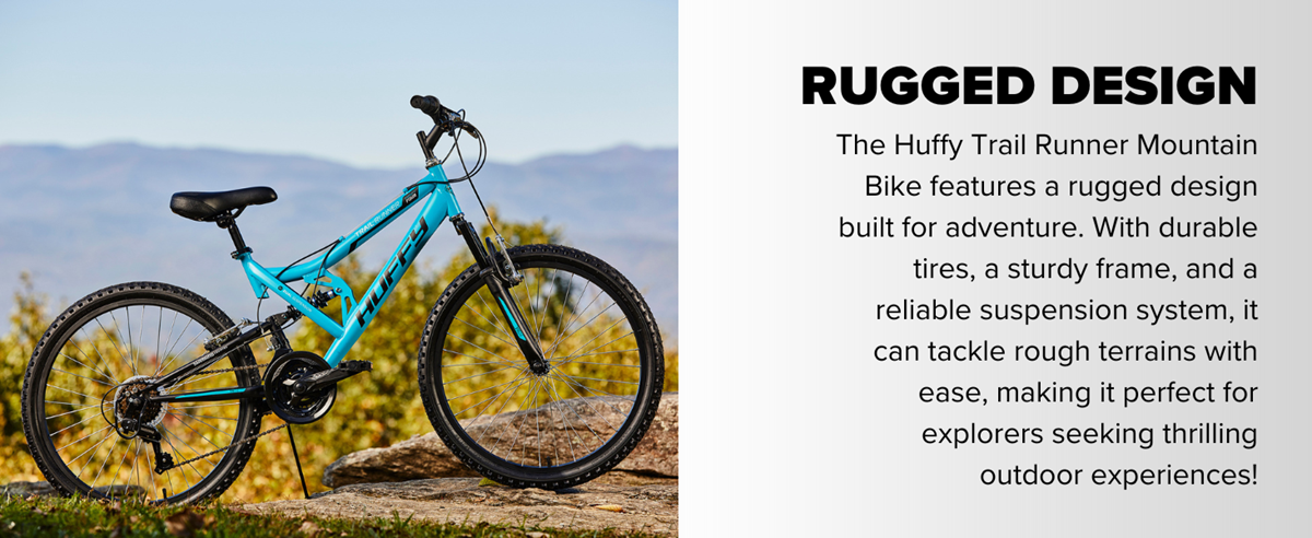 Huffy Trail Runner side profile image of the bike discussing the rugged design of the bike