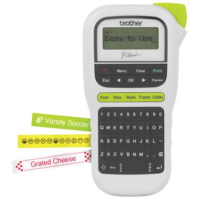 Label maker on white background with three different label styles shown: lime green label with white soccer icon and text reading "Varsity Soccer," yellow label with black printed emoji pattern, and white label with red checkerboard border and text reading "Grated Cheese"