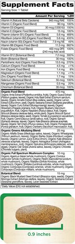 Hình ảnh bảng thông tin dinh dưỡng và viên nén bao phim. Kích thước thực tế của viên nén là 0,9 inch (khoảng 2,7 cm).