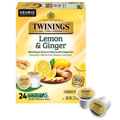 Twinings Lemon & Ginger Herbal Tea, Keurig® K-Cup® Pods, Warming & Zesty to Soothe, Naturally Caffeine- Free, 24/Box (TNA89556)
