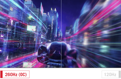 Side by side comparison with 260Hz (OC) refresh rate verse 120Hz refresh rate. The left with higher refresh rate giving clear and crispy racing scene; while the right with lower refresh rate giving blur racing scene