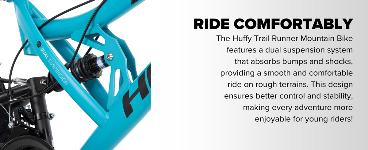Detail shot of the dual suspension on the Huffy Trail Runner Mountain bike allowing you to ride comfortably on any terrain