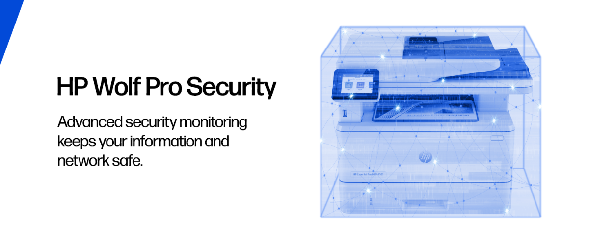 An HP LaserJet Pro MFP 3101 printer protected by a digital security shield.