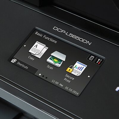 Close-up image of the printer's touchscreen, showing the time and date, basic functions menu with copy, scan, and secure print options, and shortcuts and settings menus