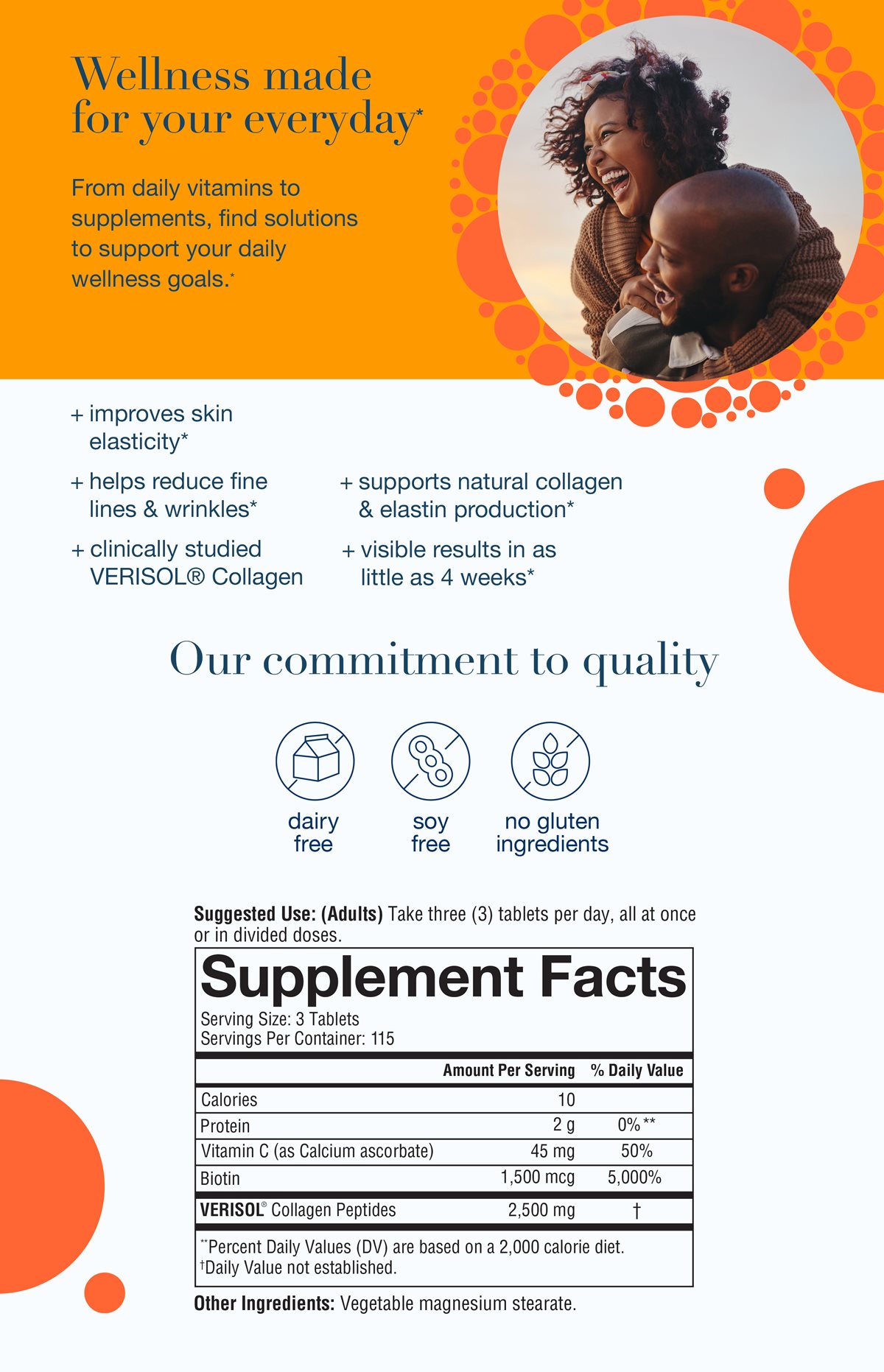 Wellness made for your everyday* From daily vitamins to supplements, find solutions to support your daily wellness goals.* + improves skin elasticity* + helps reduce fine lines & wrinkles* + clinically studied VERISOL® Collagen + supports natural collagen & elastin production* + visible results in as little as 4 weeks* Our commitment to quality dairy free soy free no gluten ingredients