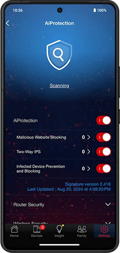 The smartphone screens display detailed AiProtection features.