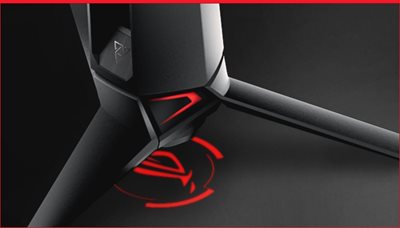 Product photo showing the projected ROG logo on the underside of the monitor stand.